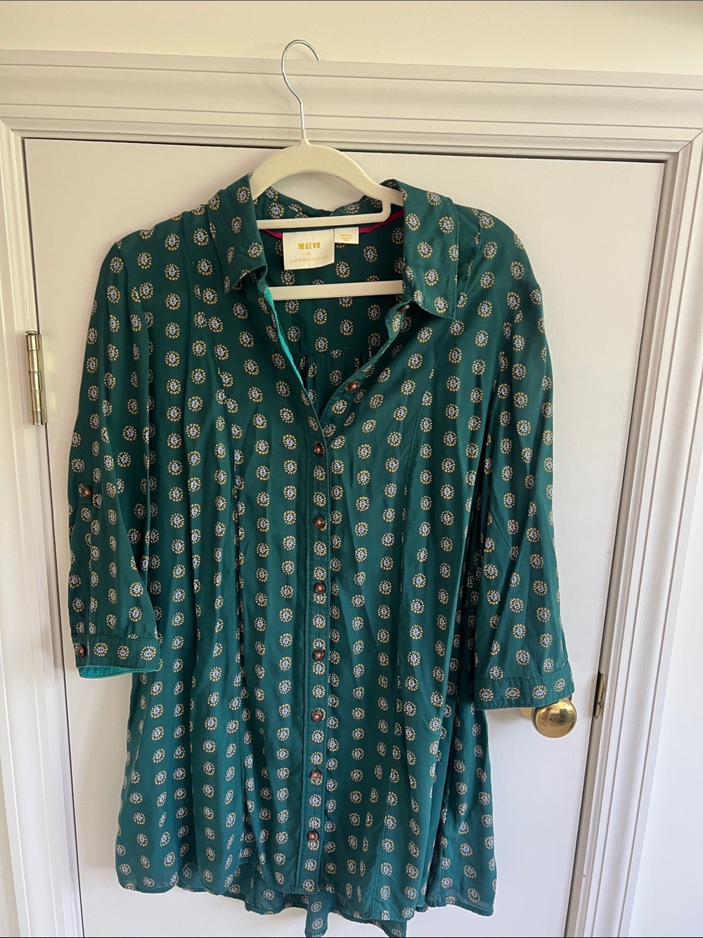 Maeve by Anthropologie Teal Printed Button-Front Shirt or Dress